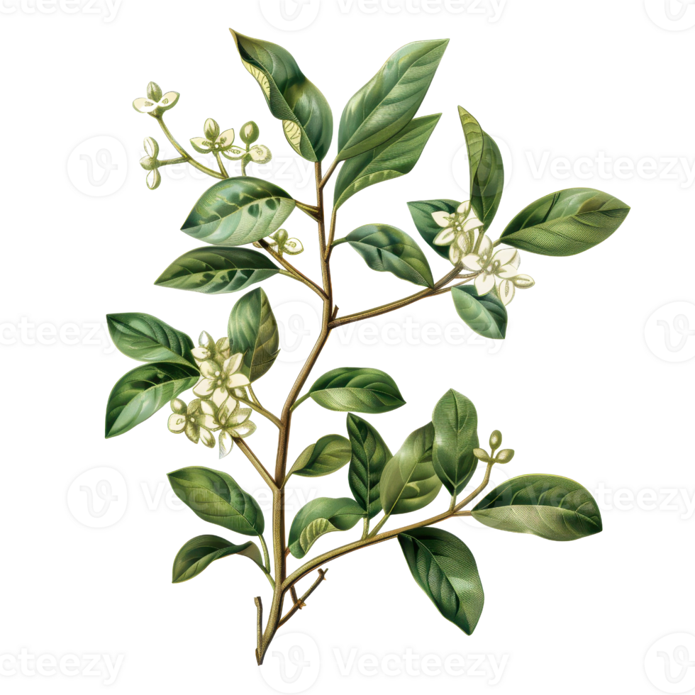 Illustration of a green plant with white flowers, showcasing its leaves and blossoms, ideal for botanical and nature-themed designs. png