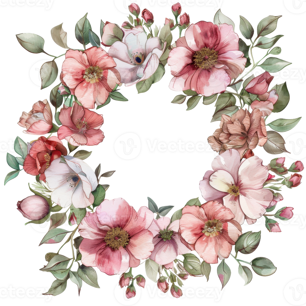 Beautiful floral wreath with pink and white flowers, creating a delicate and elegant design perfect for various occasions. png