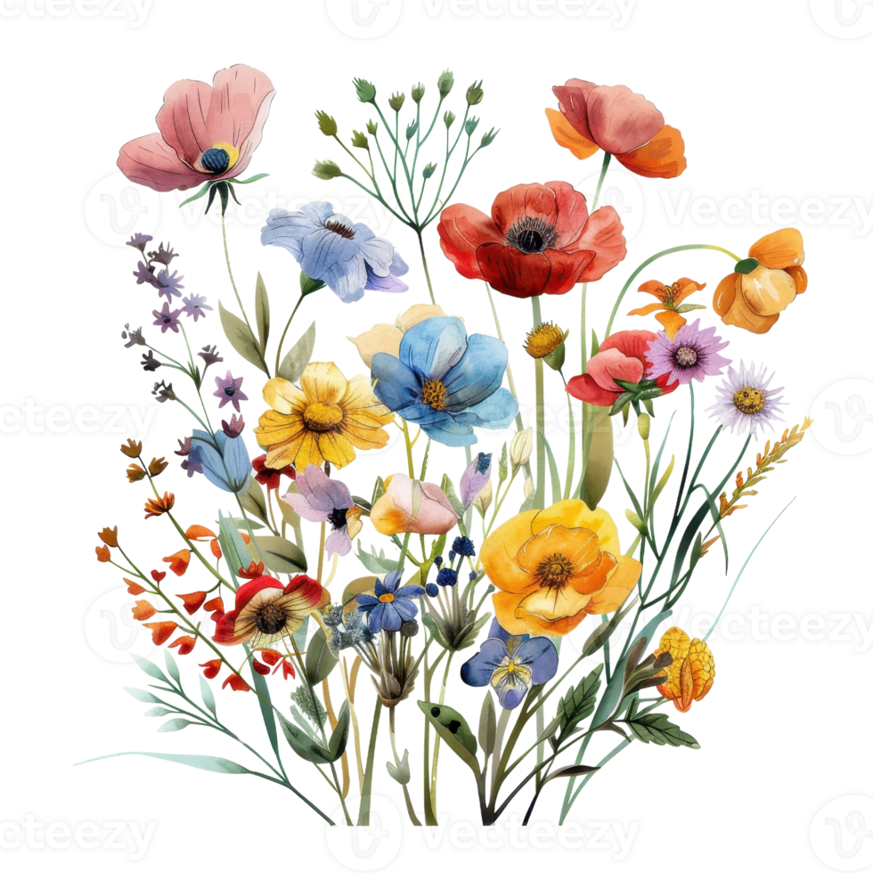 Beautiful watercolor illustration of mixed vibrant flowers, featuring colorful wildflowers in a variety of shapes and hues. png