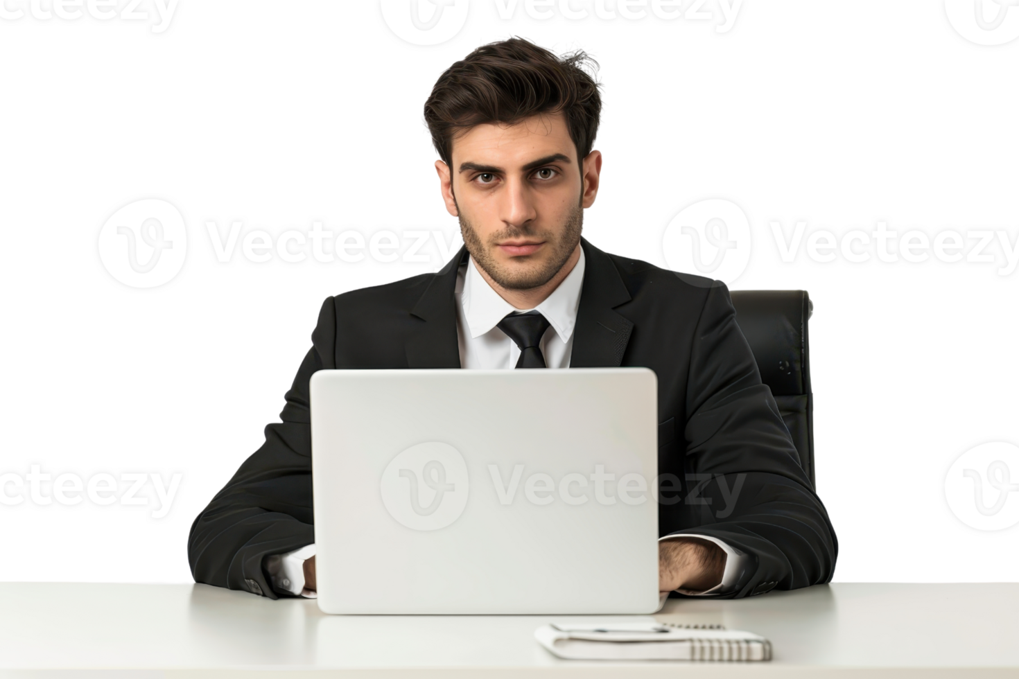 Business professional working on laptop at desk, dressed in formal attire, isolated on transparent background. Focused and serious expression. png