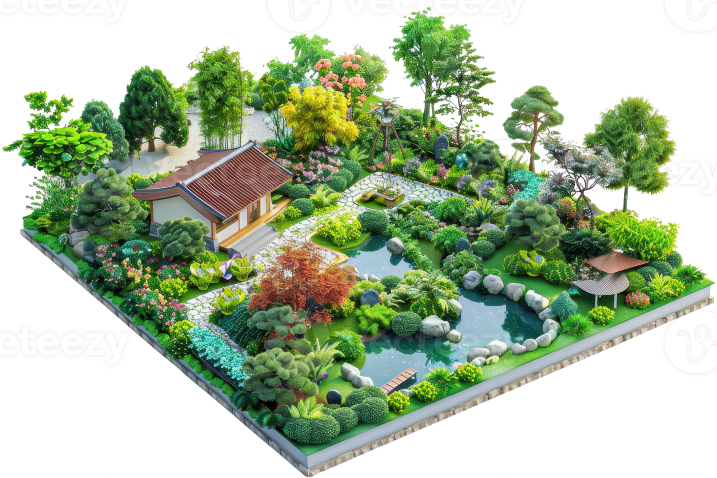 Beautiful Japanese garden with lush greenery, a small pond, and traditional architecture, offering a tranquil and serene environment. png