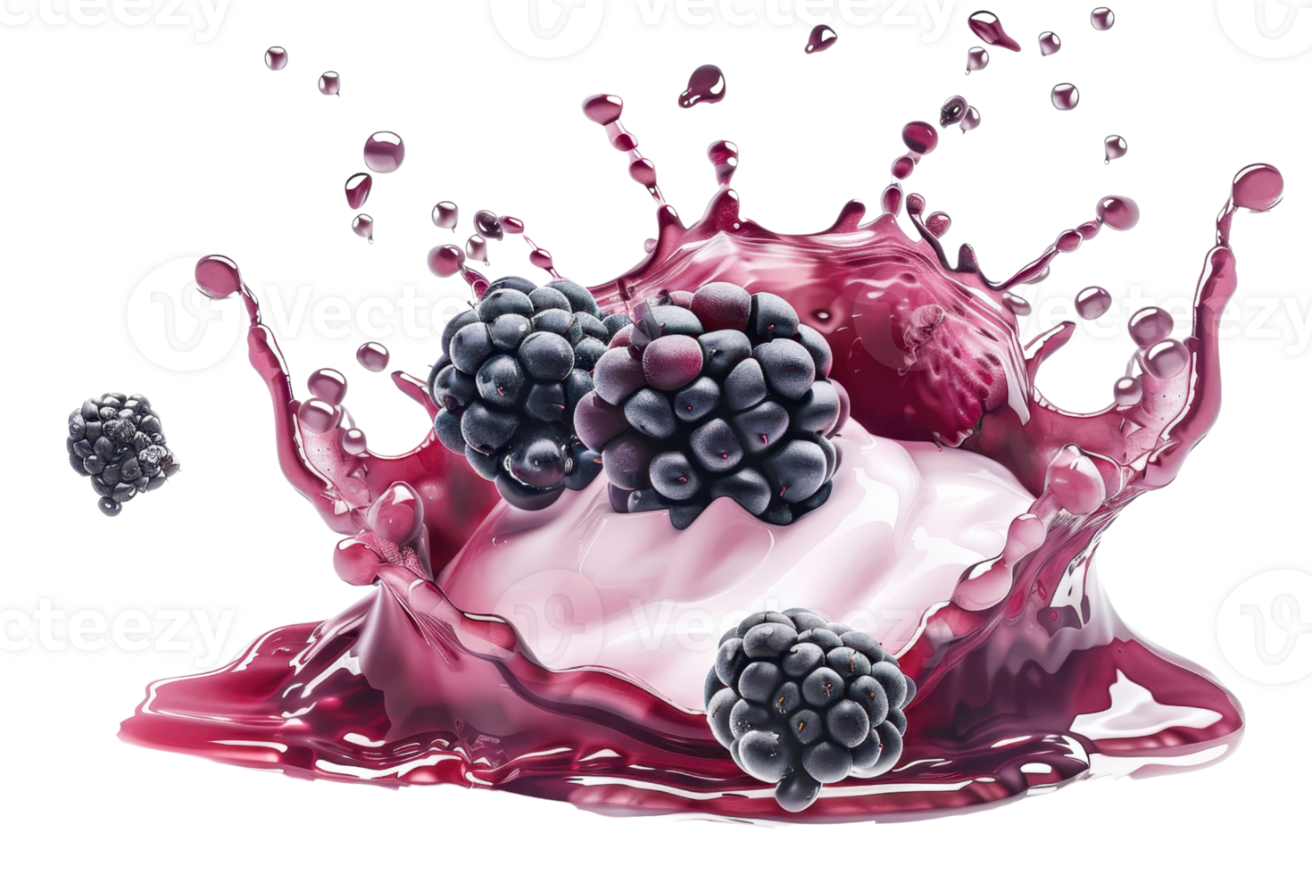 Blackberry splash with yogurt and berries in vibrant colors, perfect for fresh food and beverage concepts. png