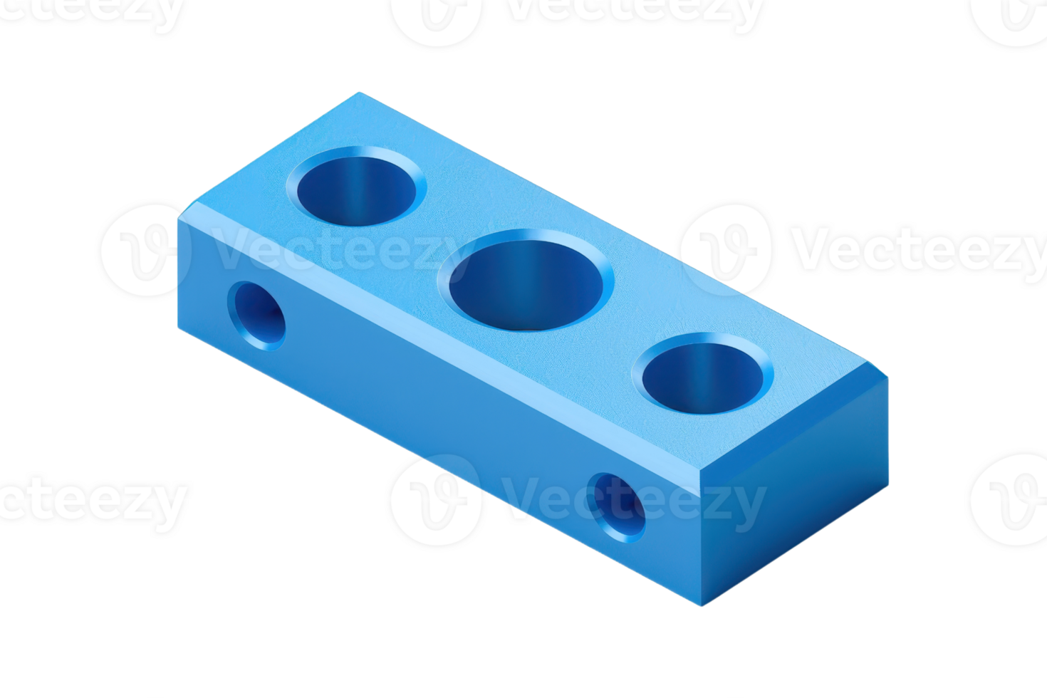 Blue metal block with multiple holes for industrial, mechanical and engineering applications, isolated on a transparent background. 3D rendering. png