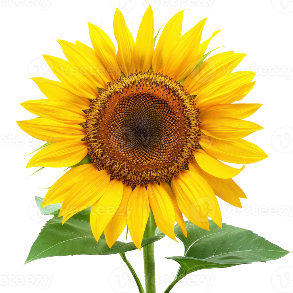 Bright yellow sunflower isolated on a transparent background. showcasing vibrant petals and a detailed center with green leaves. png