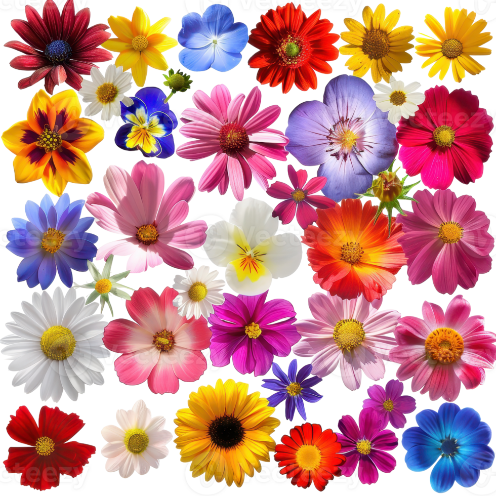 Bright and colorful collage of various vibrant flowers in full bloom, showcasing nature's diverse beauty and rich colors. png