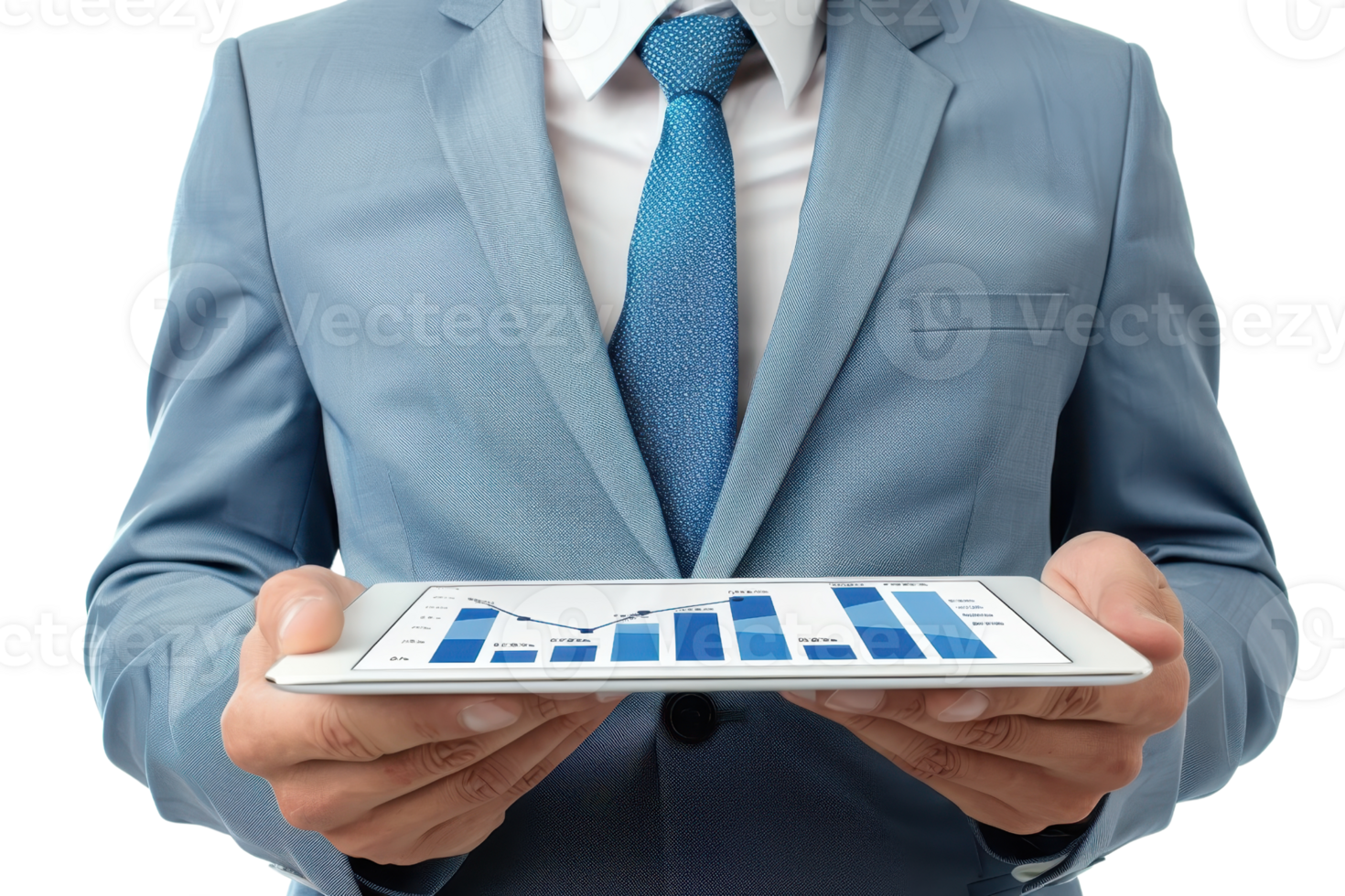 Business professional in blue suit holding a tablet displaying statistical data charts, showcasing growth and analytics in a corporate environment. png