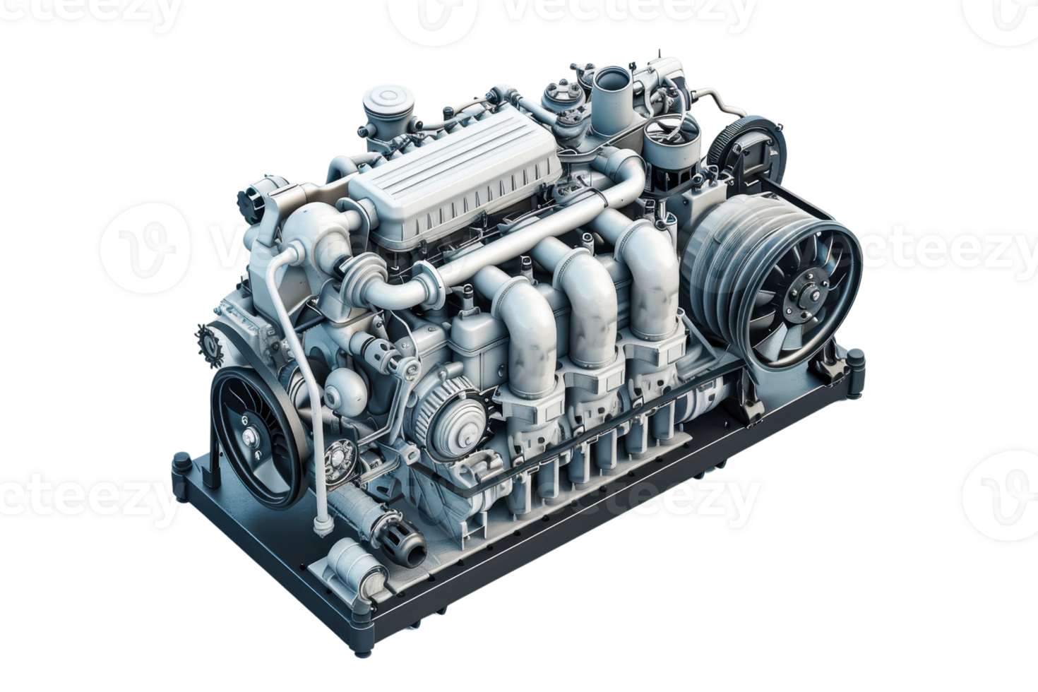 High-resolution image of a detailed mechanical engine, showcasing intricate components and engineering design in a transparent background. png