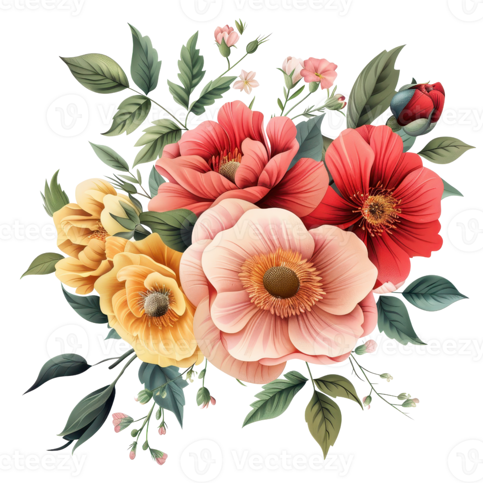 Beautiful bouquet of colorful flowers with green leaves, featuring red, yellow, and pink blooms, perfect for spring and summer themes. png