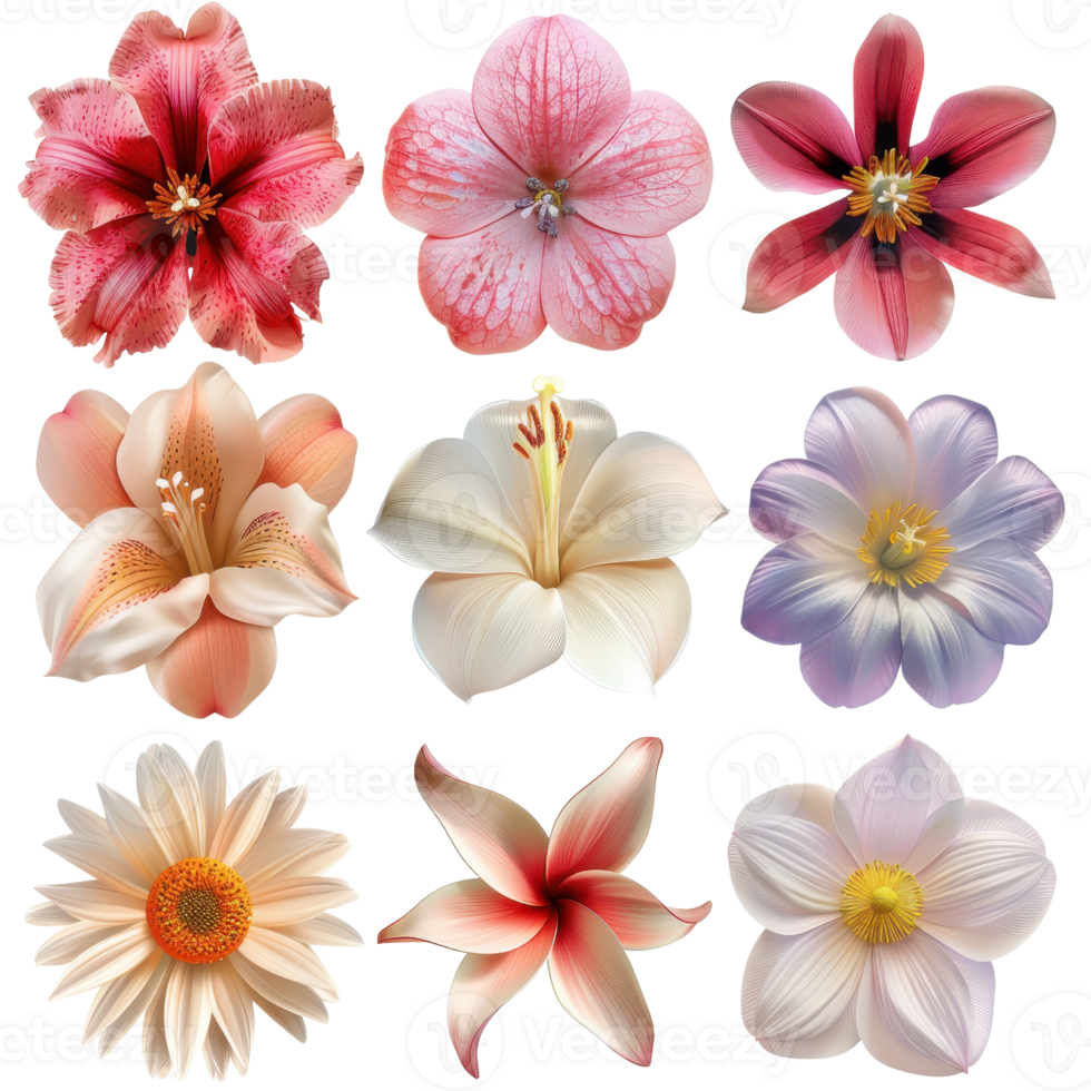 Beautiful collection of nine vibrant, realistic flowers in various colors and shapes perfect for design and nature inspired projects. png