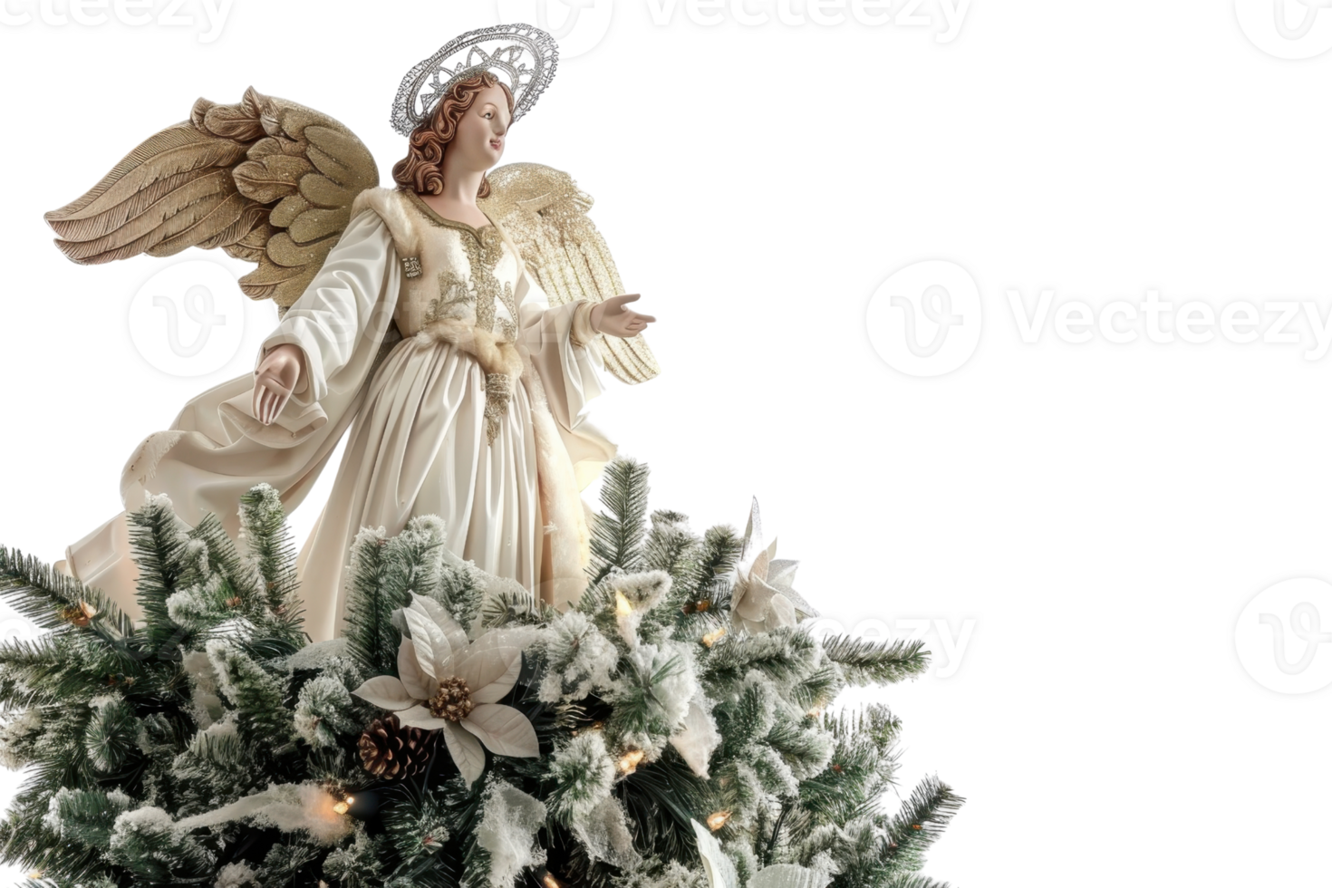 Christmas angel decoration on top of a festive tree adorned with white flowers and frosted branches, isolated on a transparent background. png