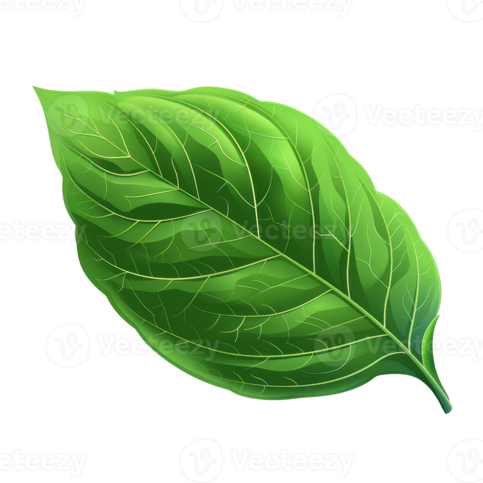 Close-up of a single, vibrant green leaf showing detailed veins. Ideal for nature, botanical, and eco-themed projects or backgrounds. png