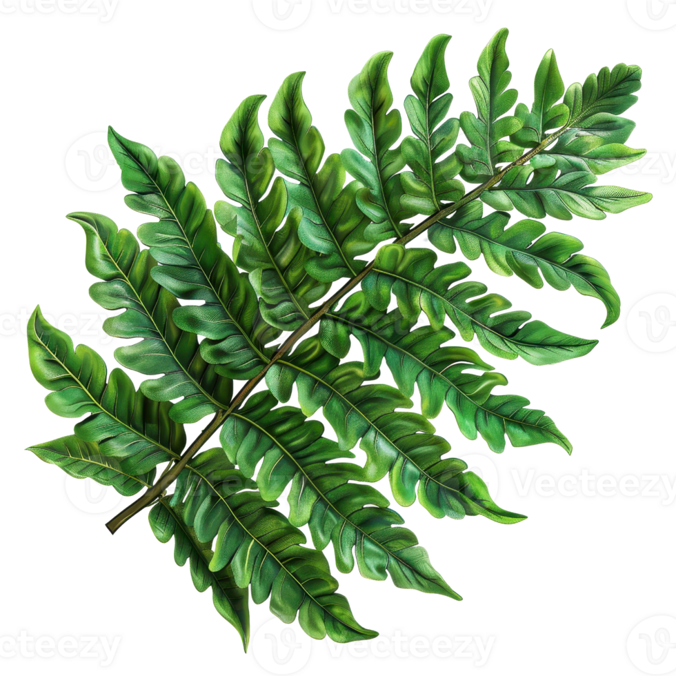 Close-up image of a lush green fern leaf, showcasing intricate patterns and vibrant colors, perfect for nature and botanical themes. png