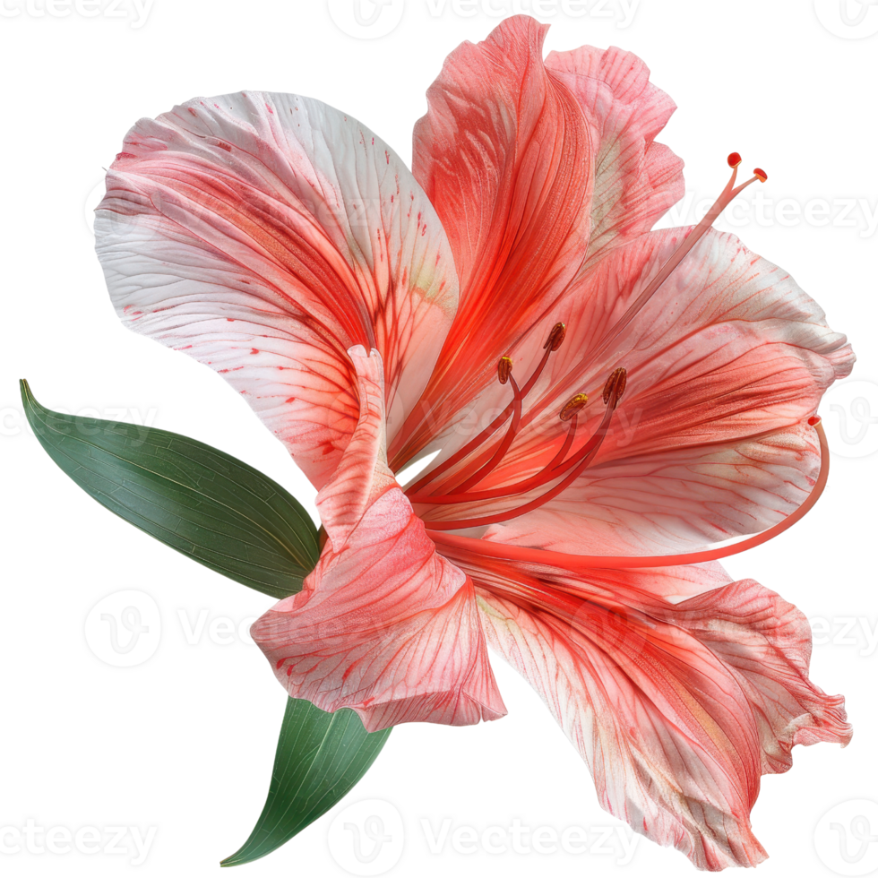 Close-up of a beautiful pink and white lily with green leaves, perfect for botanical art and floral design projects. png