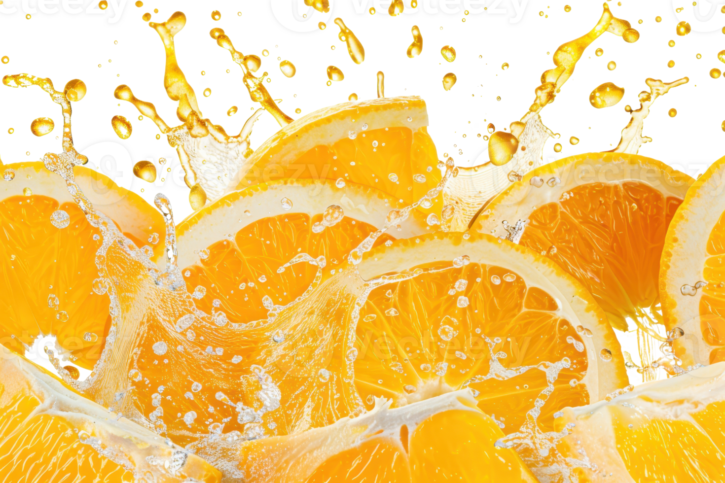 Close-up of fresh orange slices with water splash, vibrant citrus fruit, juicy and refreshing summer image for advertisements or backgrounds. png