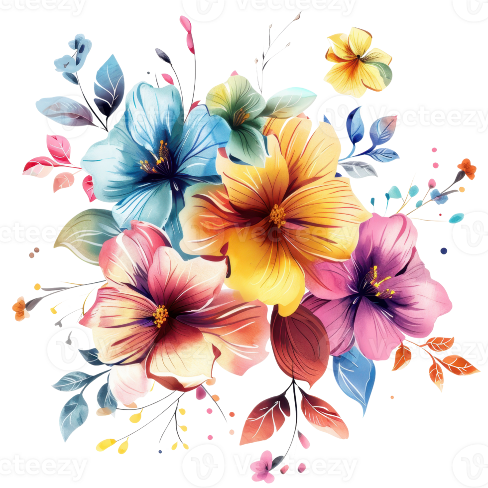 Beautiful watercolor flowers in vibrant colors creating an artistic floral bouquet illustration. png