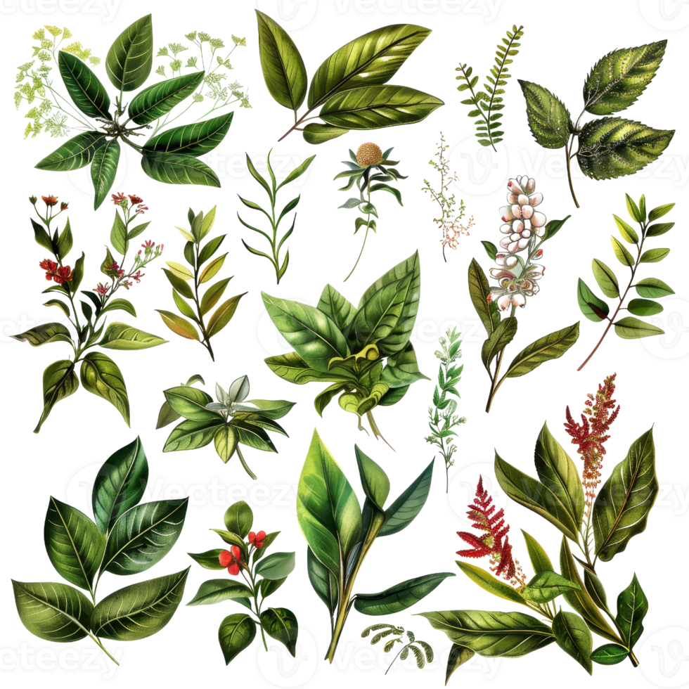 Collection of various green and colorful botanical leaves and flowers in a detailed, hand-drawn illustration style. png