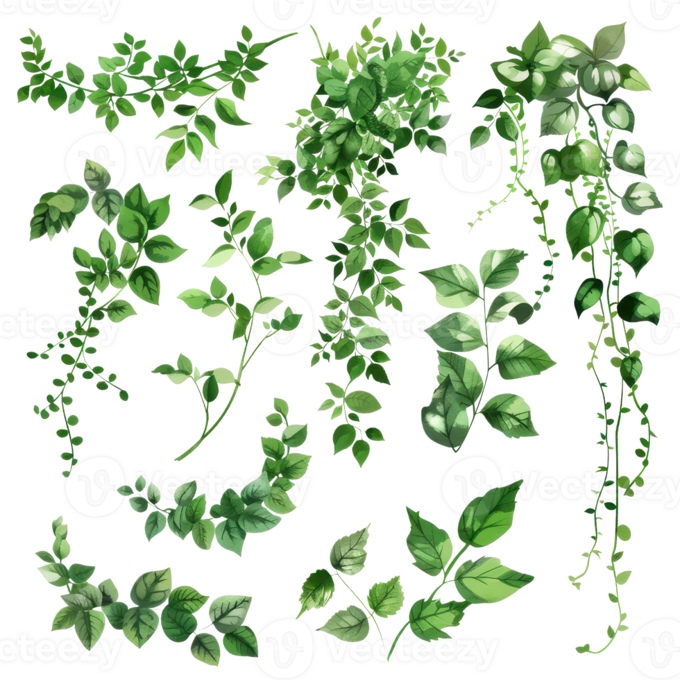 Collection of various green leafy vines and foliage in illustration. Perfect for design, decoration, and botanical themes. png