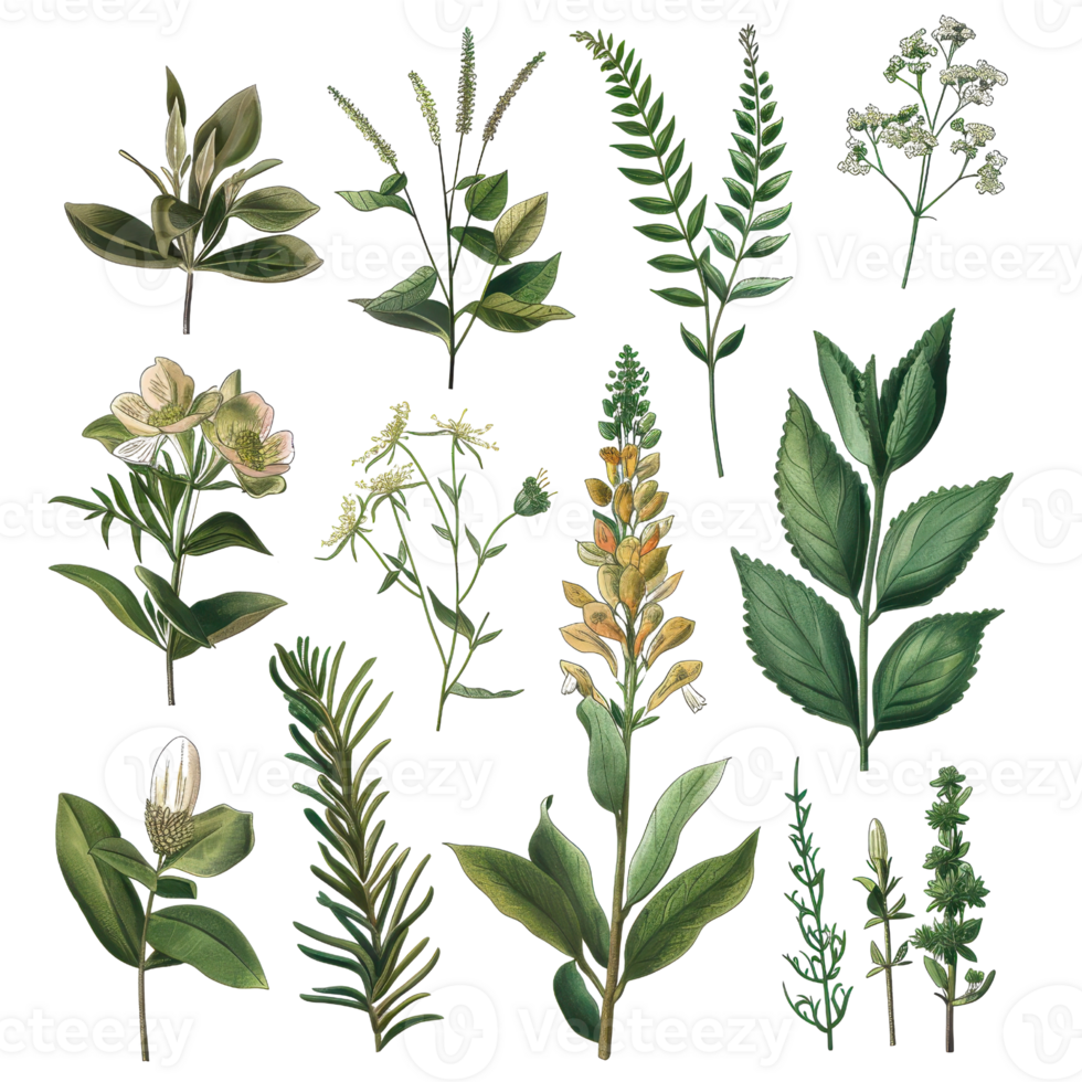 Collection of various green leafy plants and herbs, beautifully illustrated in a botanical style. png