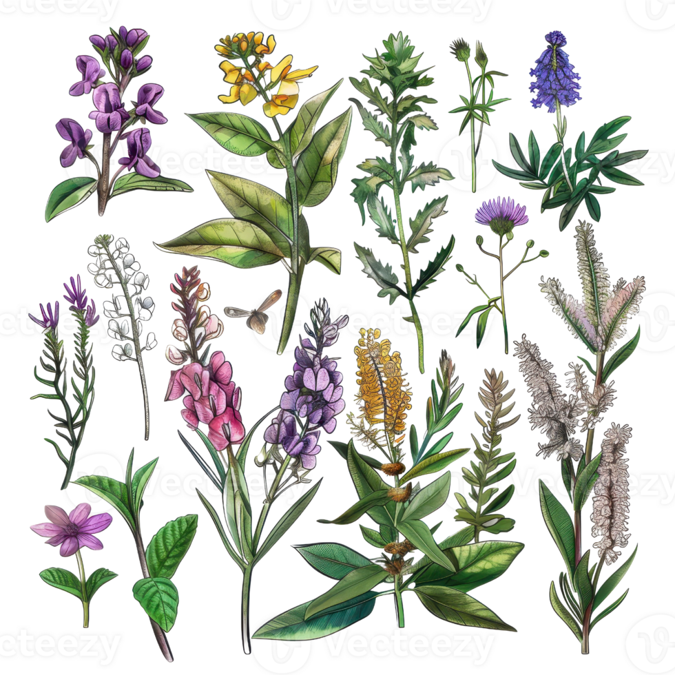 Collection of colorful wildflowers and medicinal herbs, perfect for botanical projects and natural medicine designs. png