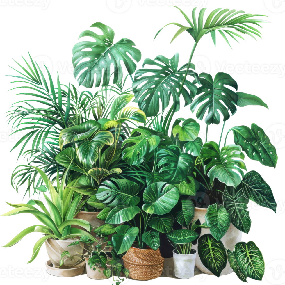 Collection of lush indoor plants in decorative pots, creating a refreshing and vibrant home decor accent. png