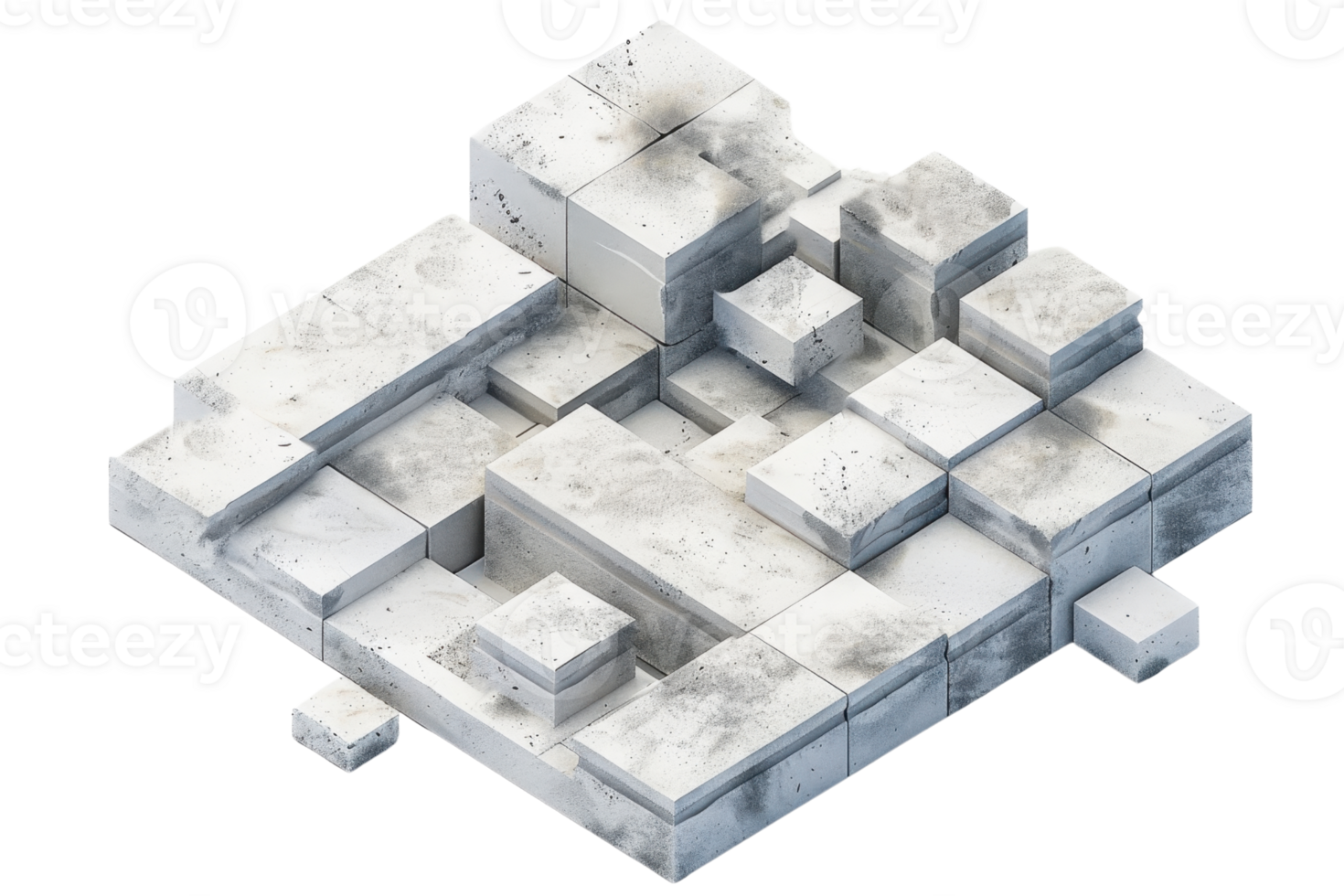 Abstract geometric blocks with a textured, weathered appearance stacked in a chaotic yet structured formation on a transparent background. png