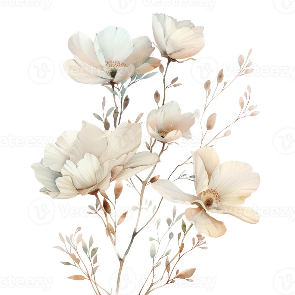 Elegant illustration of white magnolia flowers in full bloom with delicate branches and subtle shading, perfect for spring-themed designs. png