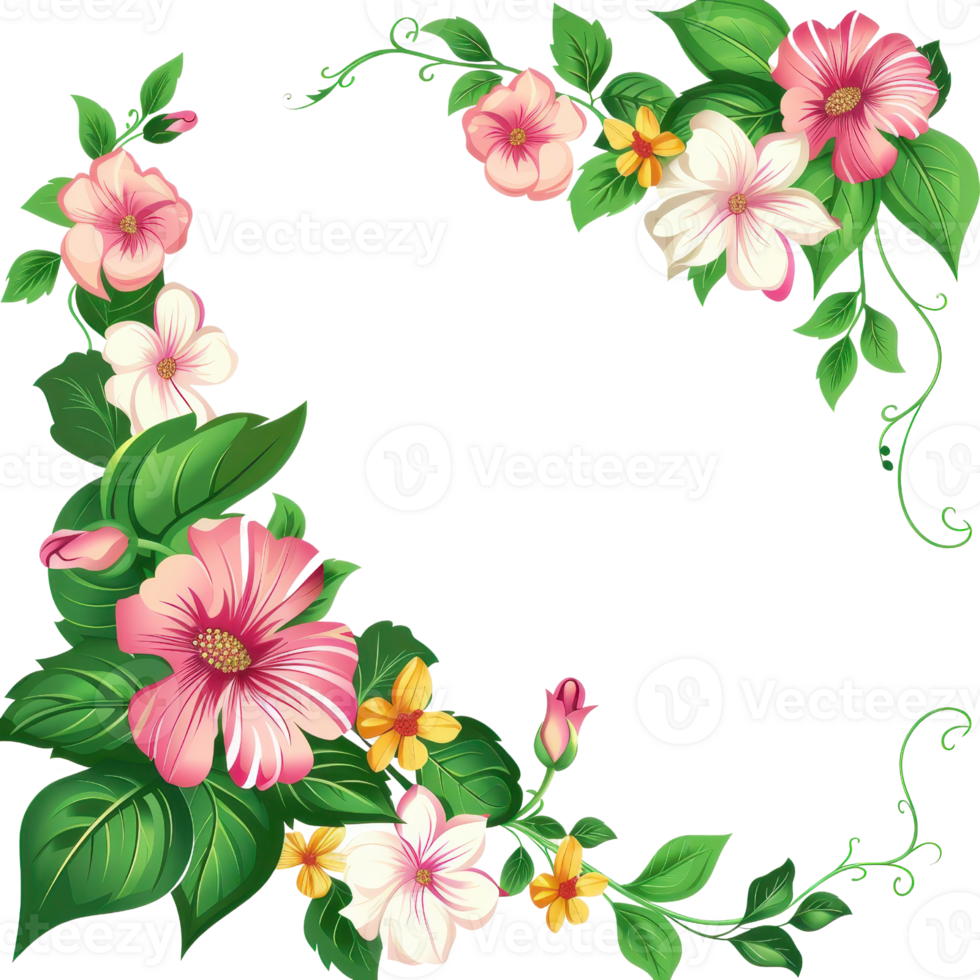 Elegant floral border with pink and white flowers and green leaves, perfect for invitations or decorative design elements. png