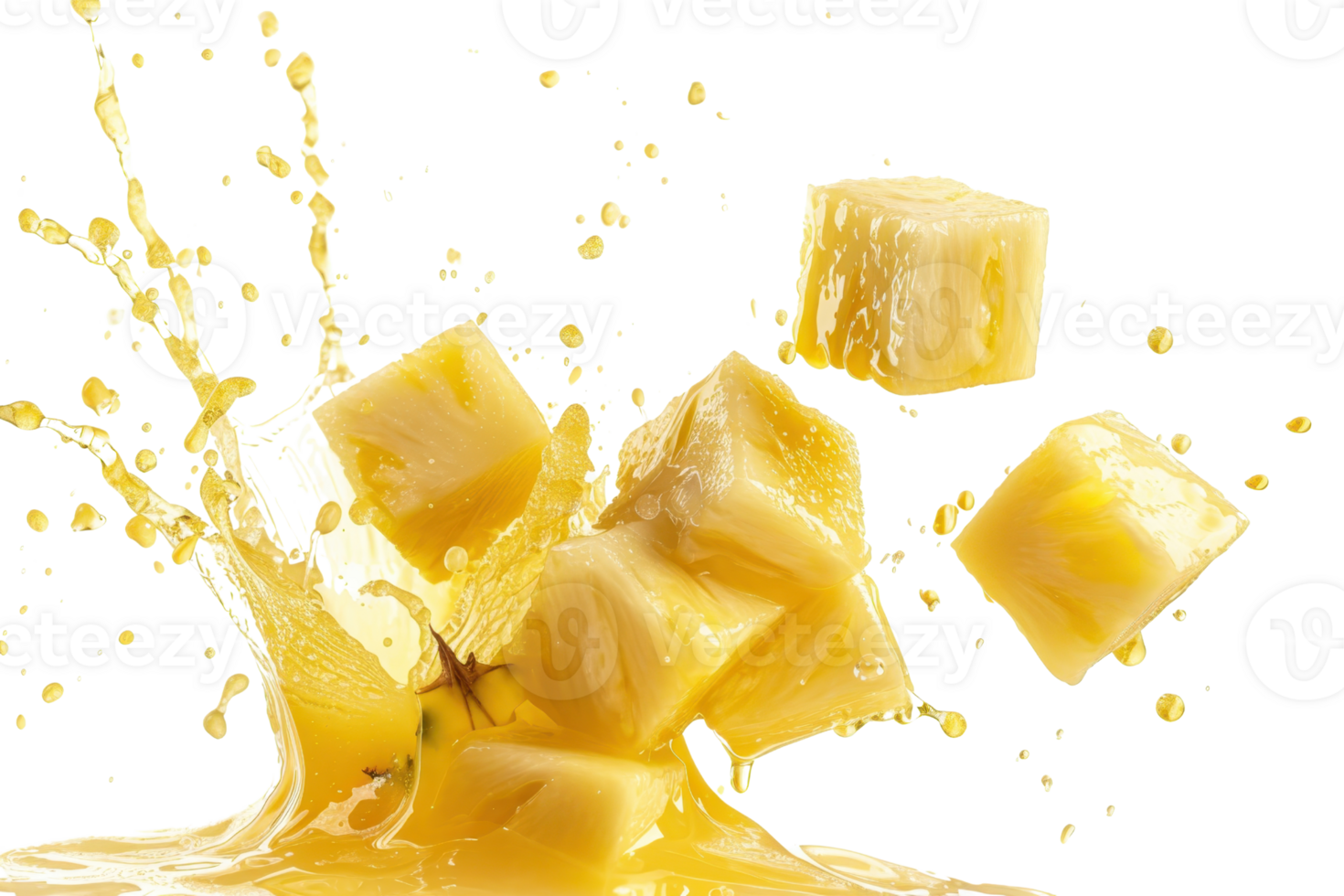 Dynamic splash of fresh pineapple juice with juicy pineapple chunks, capturing a vibrant, refreshing, and tropical essence perfect for summer. png