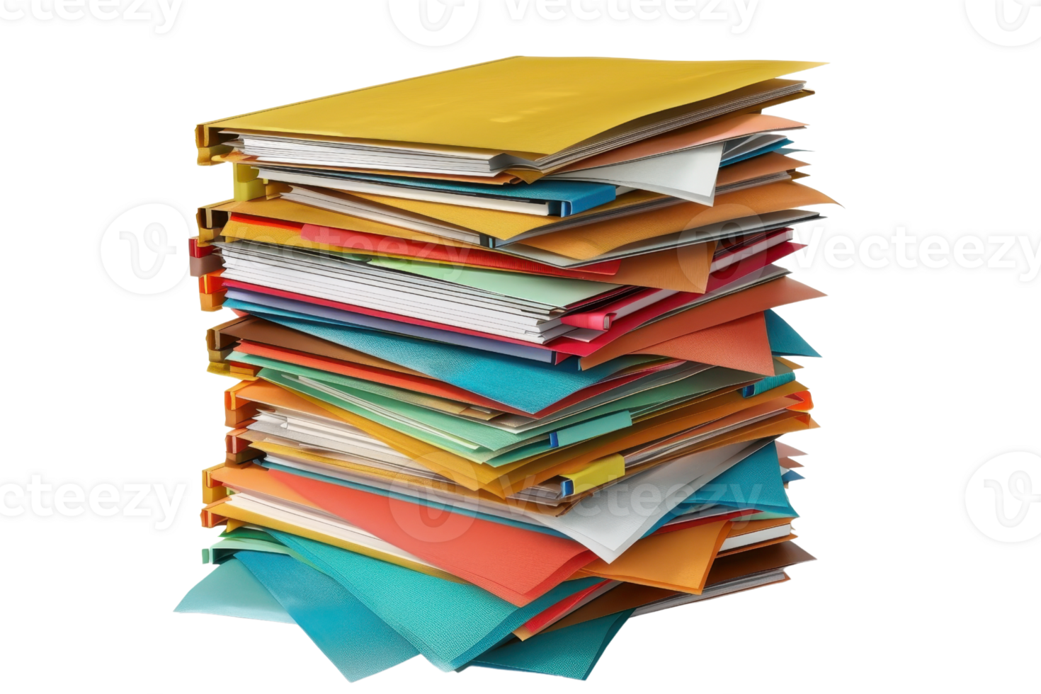 Colorful stack of organized folders and files, representing office paperwork, documentation, and professional file management. png