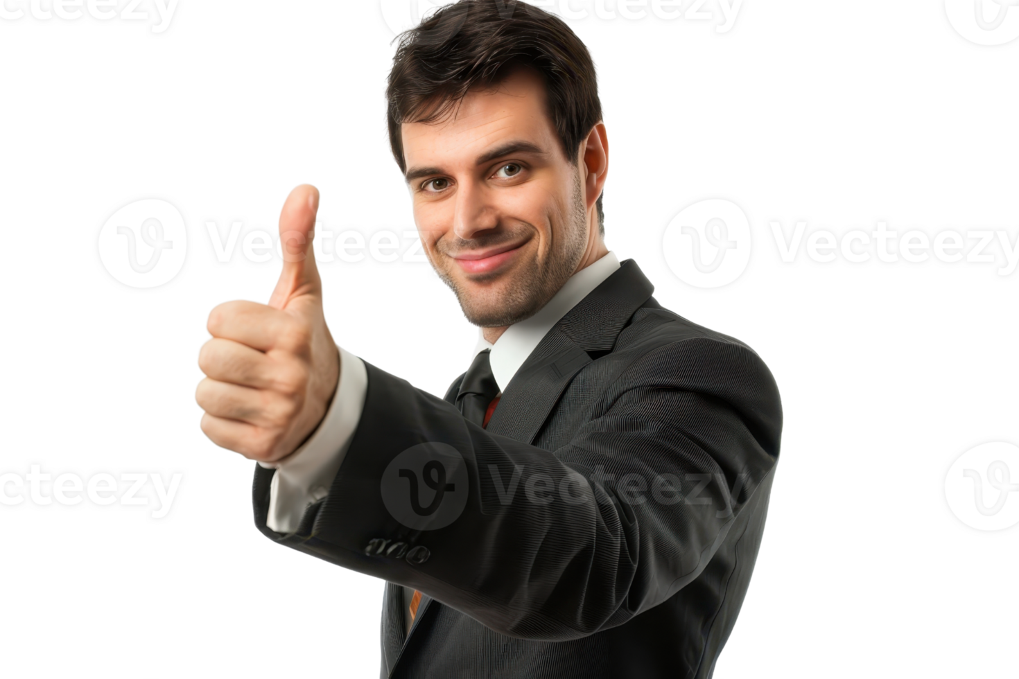 Confident businessman in a suit giving a thumbs-up, expressing approval and success, isolated on a transparent background. png