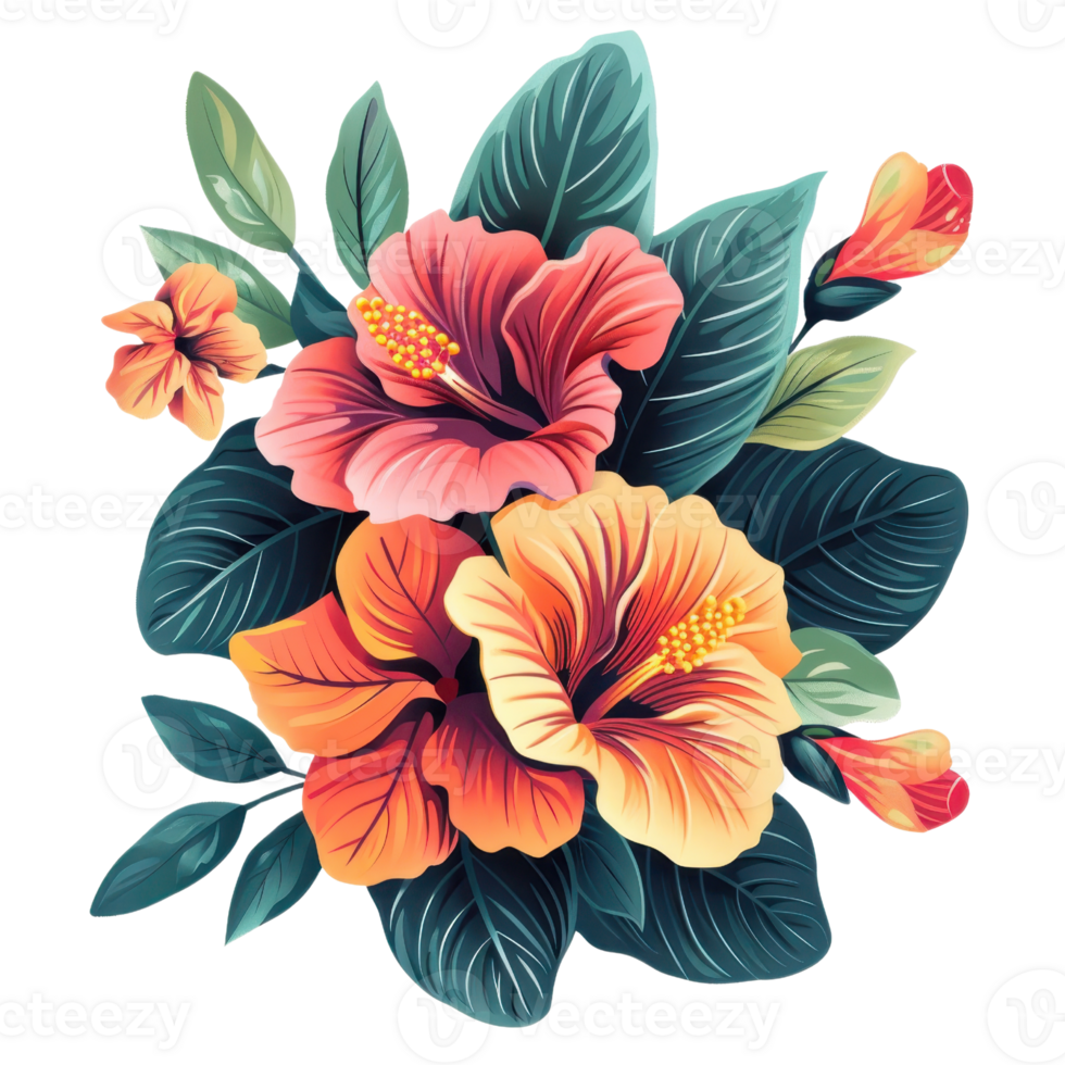 Colorful hibiscus flower illustration in a tropical style, showcasing vibrant hues and intricate details, perfect for botanical and nature themes. png