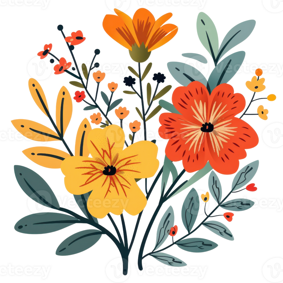 Colorful illustration of a floral bouquet with various flowers and leaves, perfect for design projects and decor. png