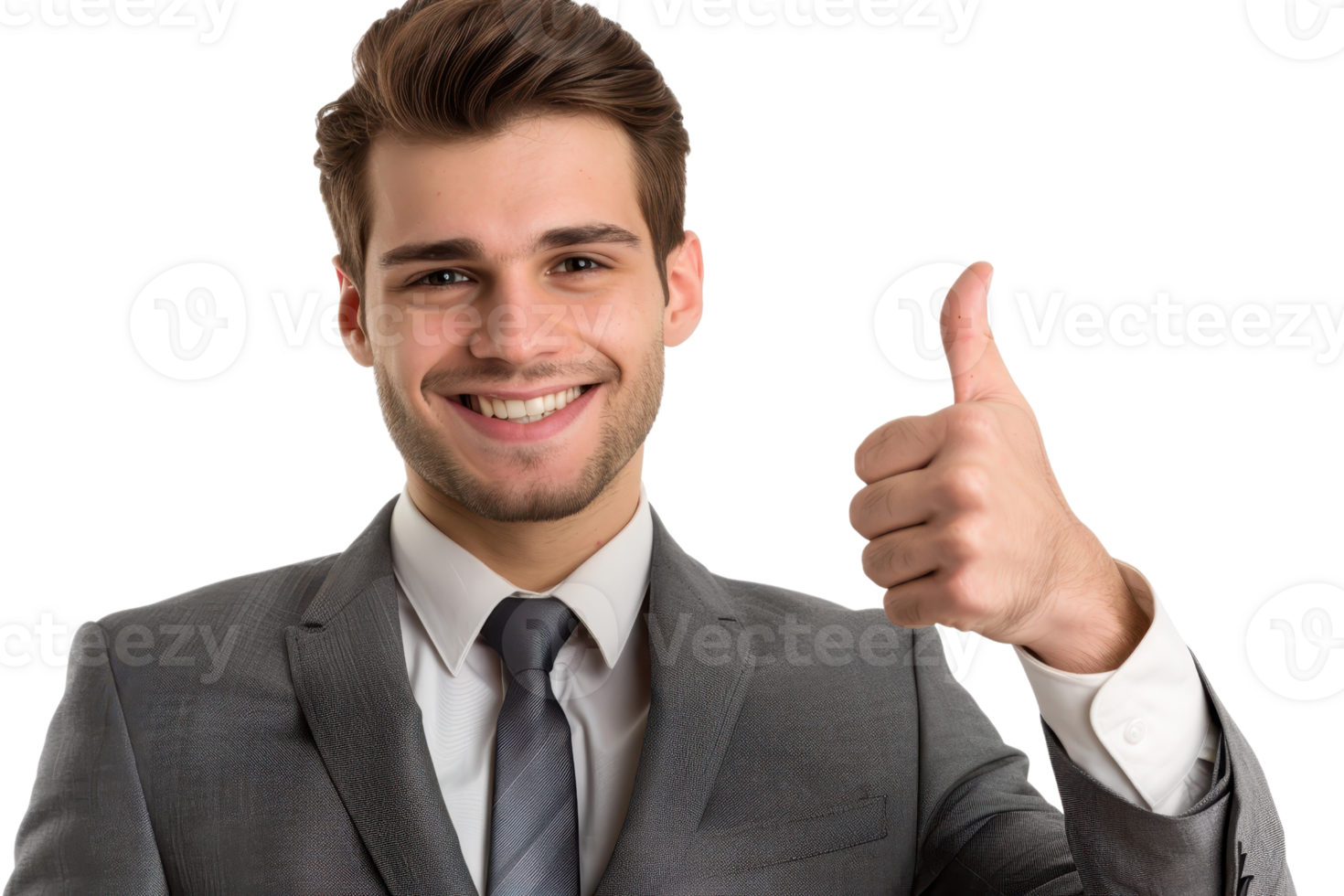 Confident young businessman in a suit giving a thumbs up and smiling, conveying success and positivity. png