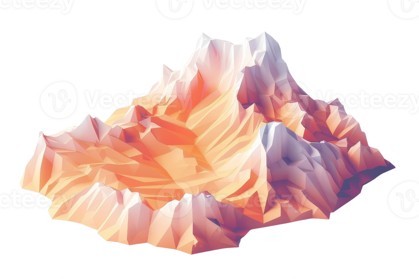 Abstract low-poly rendering of mountain landscape with sharp peaks and warm color gradient. Perfect for digital art and design projects. png