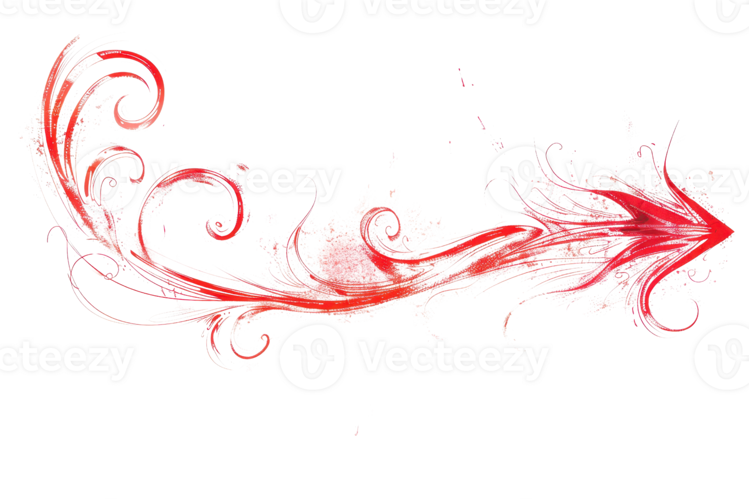 Abstract red arrow with floral elements and swirls on black background, perfect for creative design and decoration projects. png