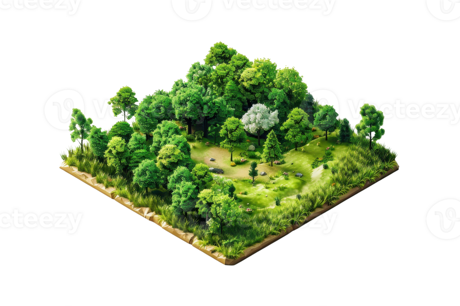 Aerial view of lush forest terrain with diverse trees and greenery, highlighting the natural beauty and tranquility of the landscape. png