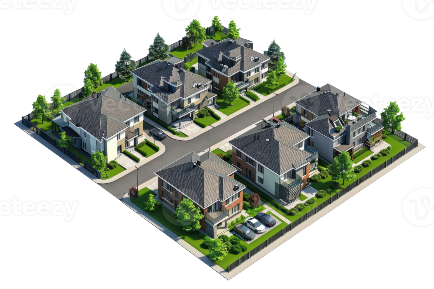 Aerial view of a modern suburban neighborhood with multiple homes, greenery, and well-maintained streets. Ideal for real estate and architecture concepts. png