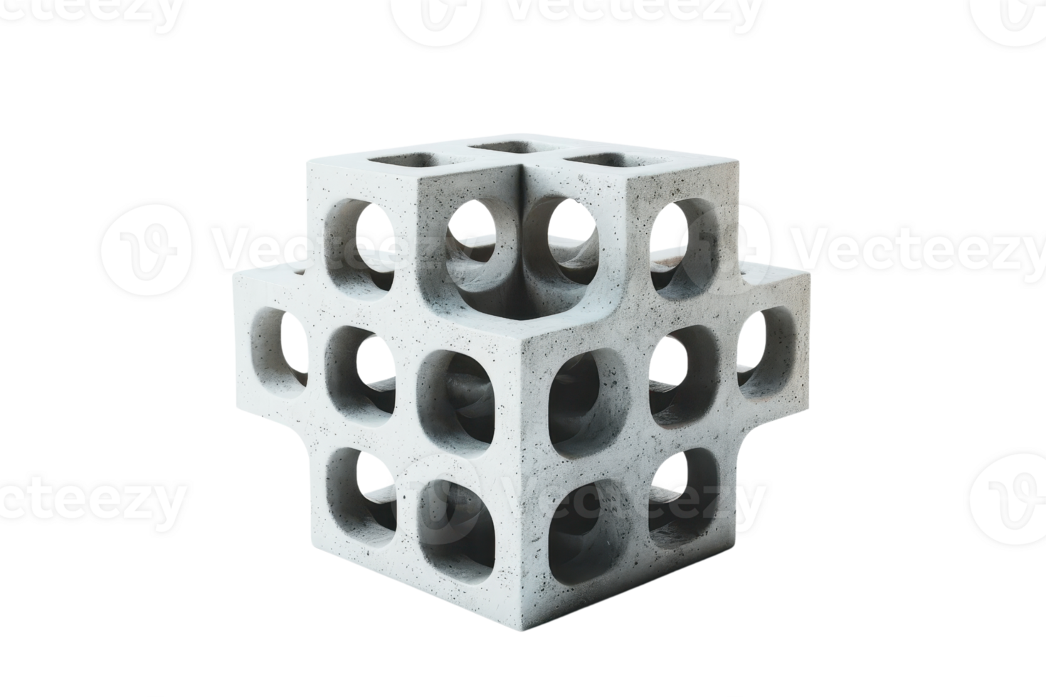 Abstract geometric concrete structure with hollow cubes and spherical holes, isolated on transparent background. Minimalistic industrial design. png