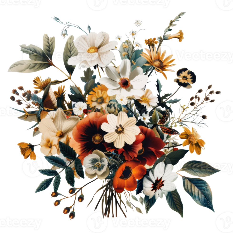 Beautiful arrangement of mixed flowers featuring vibrant hues and various floral species in a stunning bouquet. png