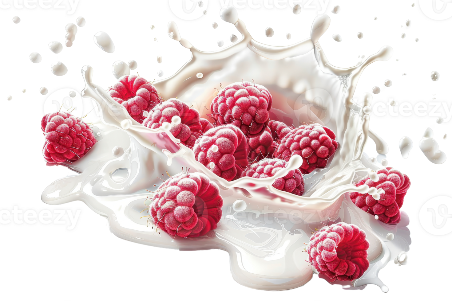 Fresh raspberries splashing into creamy milk, creating a refreshing and delicious food photography scene. png