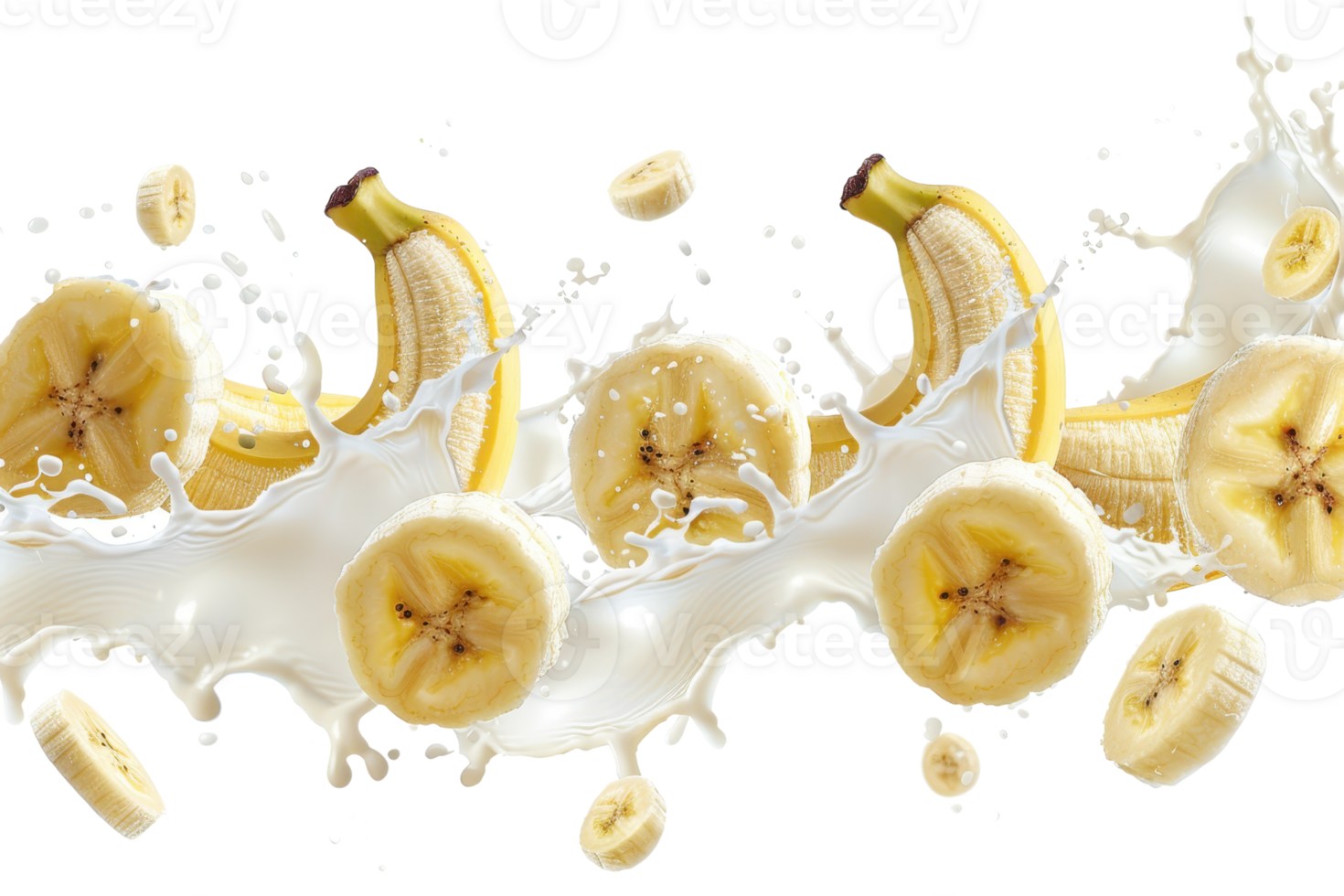 Fresh sliced bananas splashing in milk, perfect for healthy food concepts, breakfast ideas, and nutritious snacks. Vibrant and delicious imagery. png