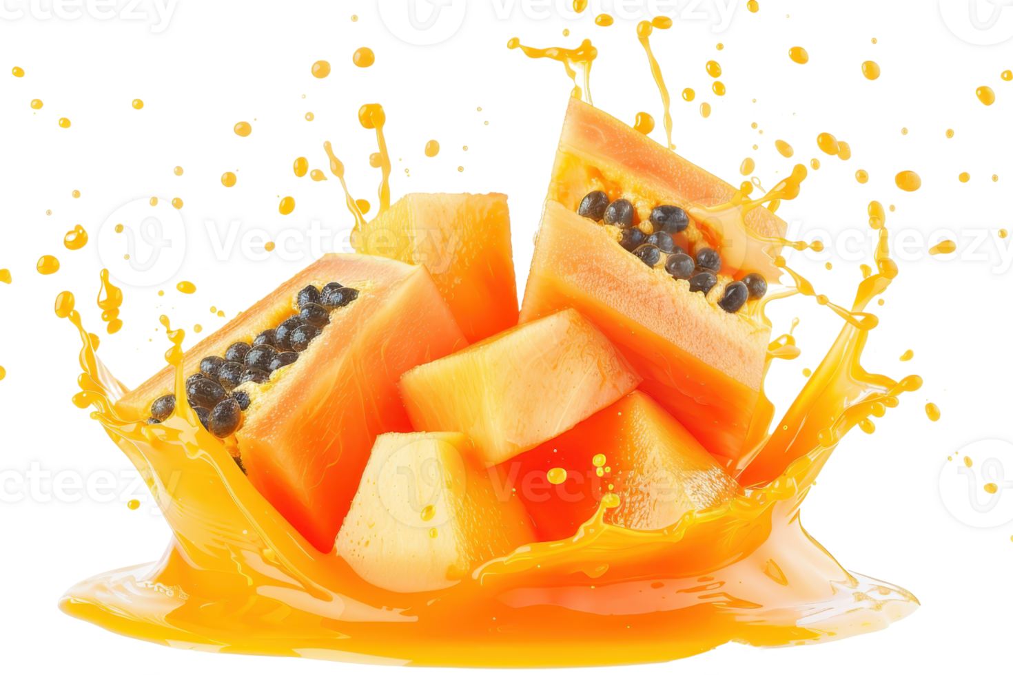 Fresh papaya slices splashing in juice, showcasing vibrant colors and juicy texture, ideal for health, diet, and tropical fruit themes. png