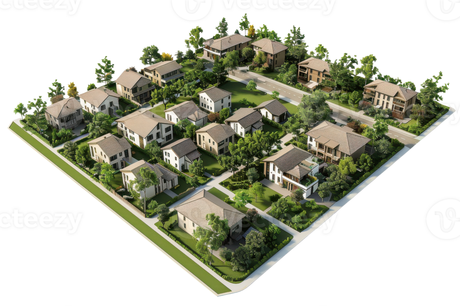 Aerial view of suburban neighborhood with rows of houses, lush greenery, and neatly arranged properties, showcasing residential architecture. png