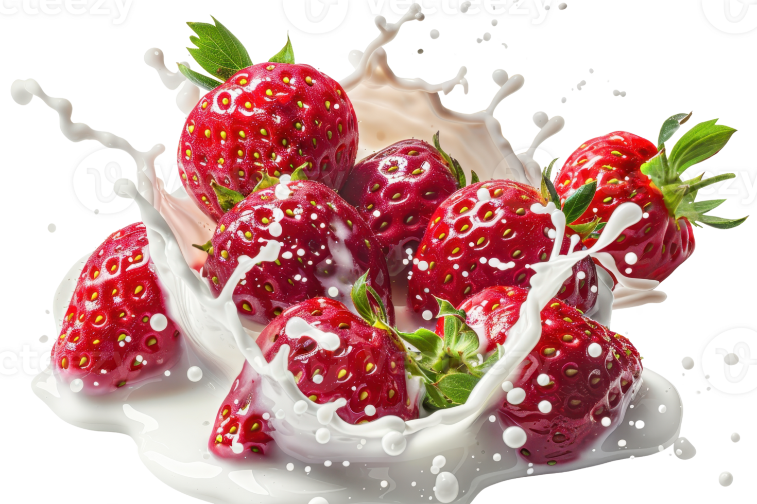 Fresh strawberries splashing into creamy milk, creating a dynamic and delicious image perfect for food and beverage concepts. png