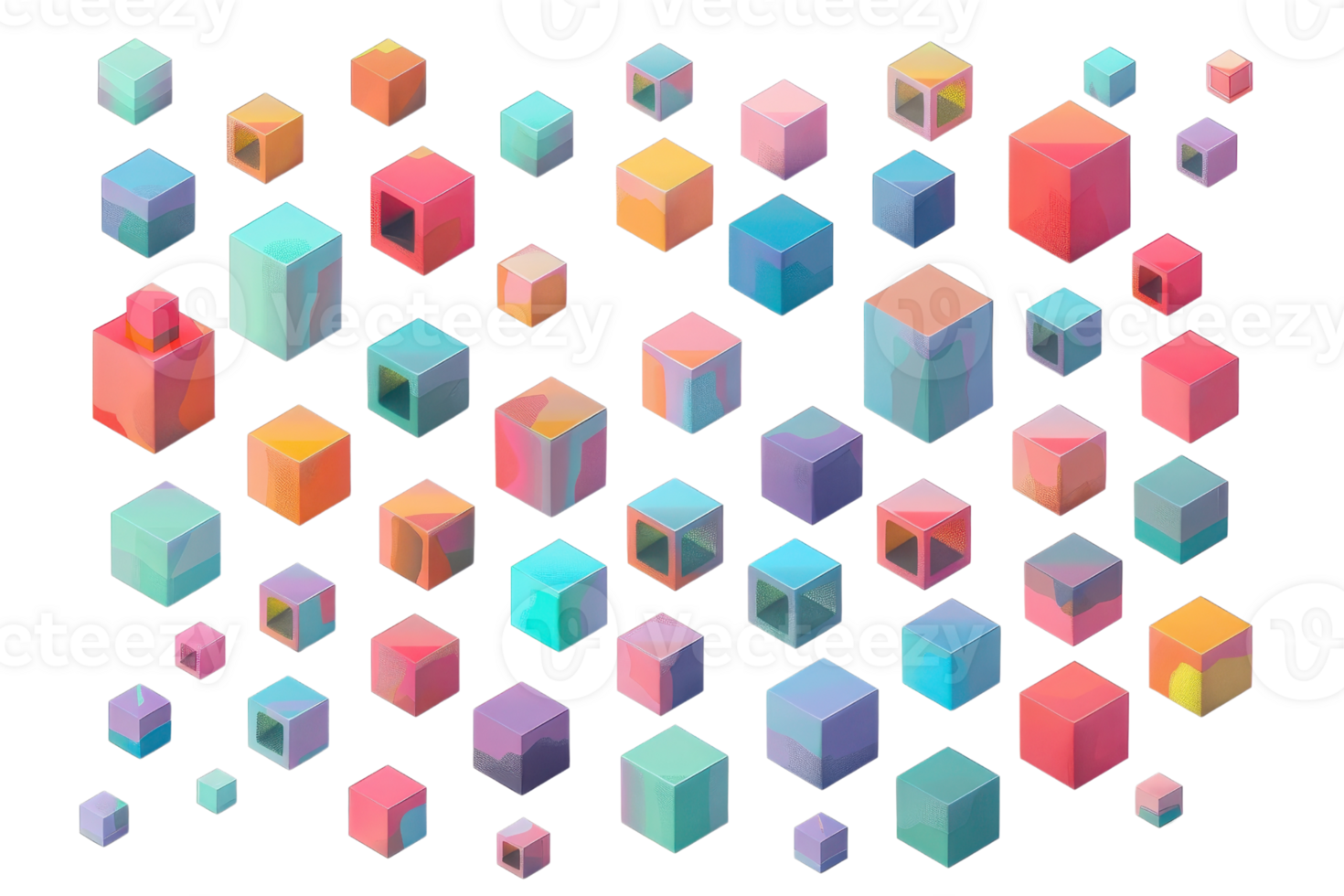 Colorful abstract 3D geometric shapes pattern. Vibrant cubes arranged in a dynamic, modern, and artistic design. png