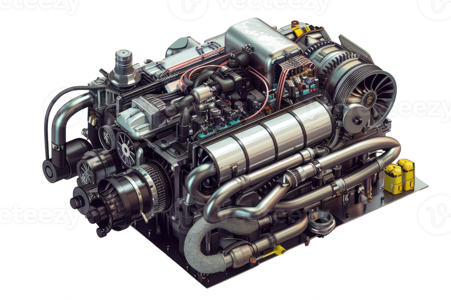 Highly detailed 3D illustration of an advanced engine showcasing intricate parts and mechanical components. png