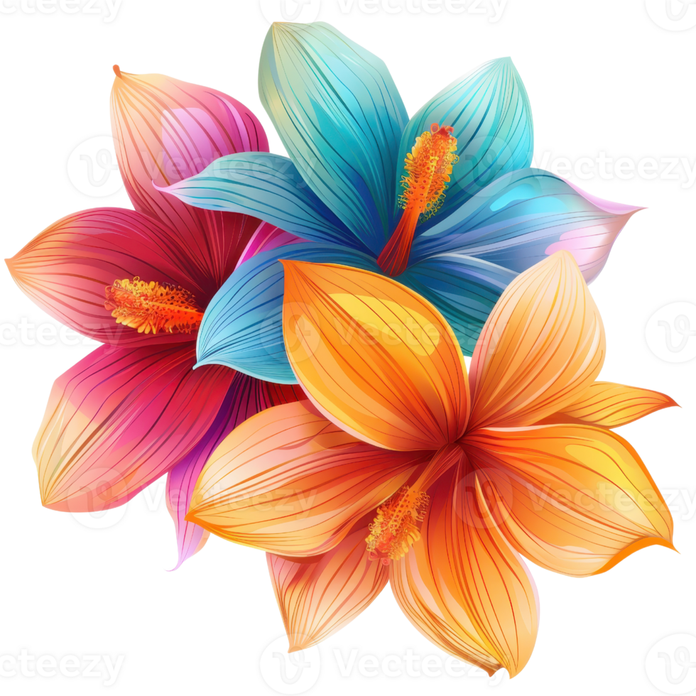 Colorful abstract flowers with vibrant shades of pink, blue, and orange, showcasing intricate details and blending of hues. png