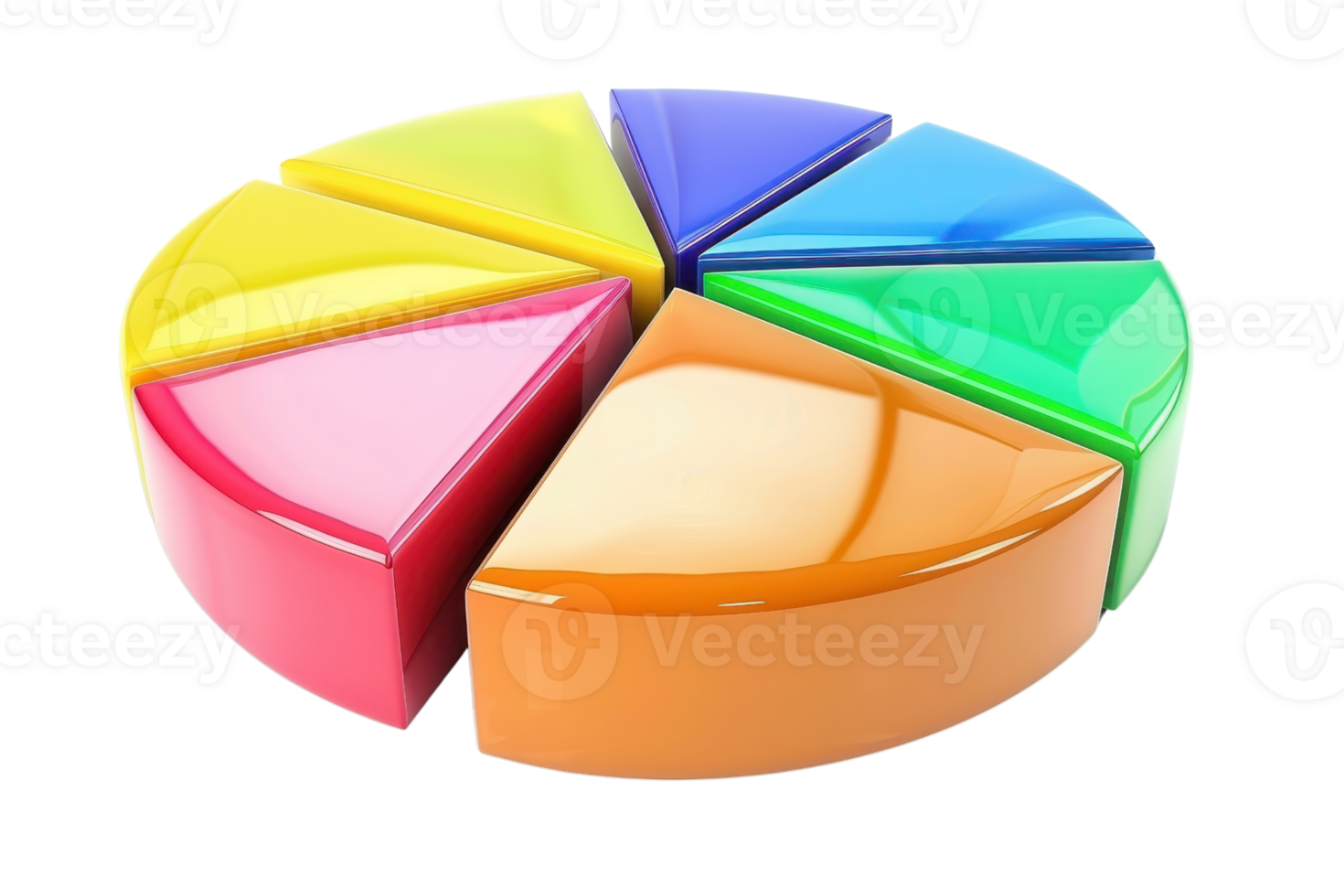 Colorful 3D pie chart with six glossy segments in various colors, ideal for business presentations, statistics, and data visualization needs. png