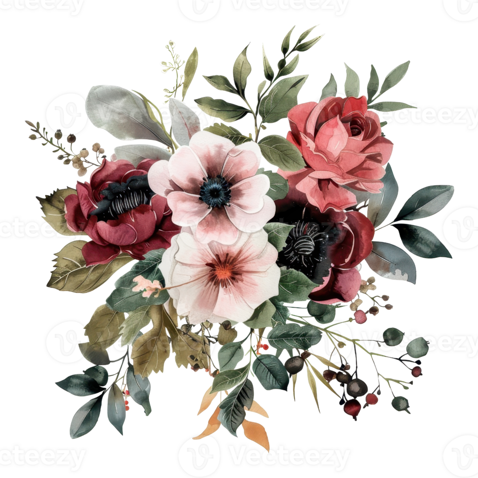 Beautiful watercolor floral bouquet with vibrant pink, red, and white flowers and green leaves. Perfect for artistic and decorative purposes. png