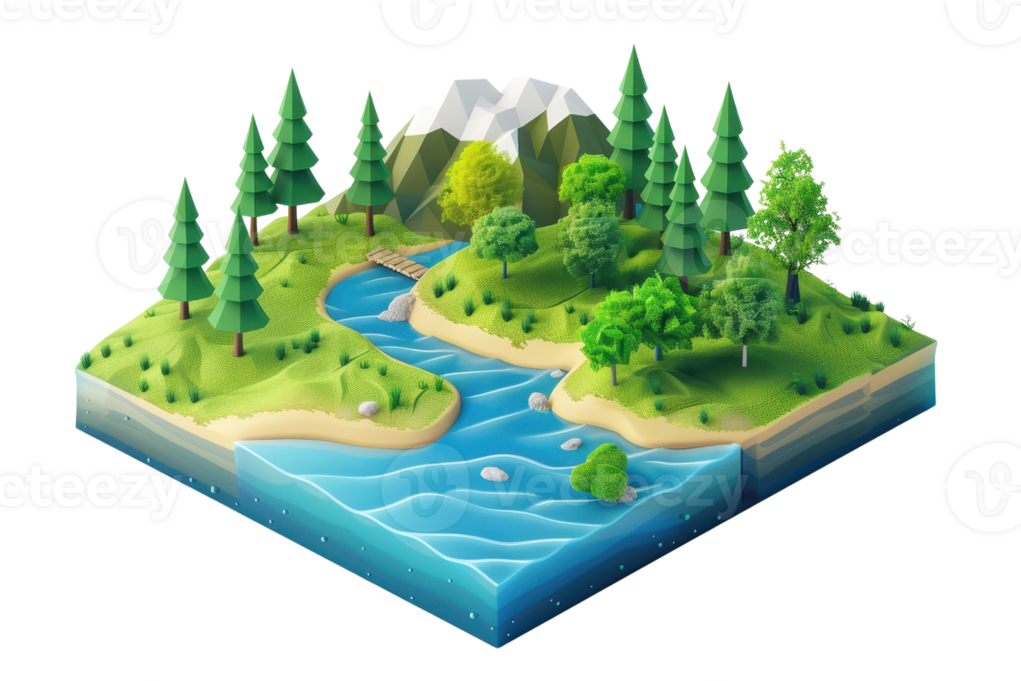 Low-poly 3D illustration of a serene landscape with trees, a river, and mountains, showcasing a stylized nature scene. png